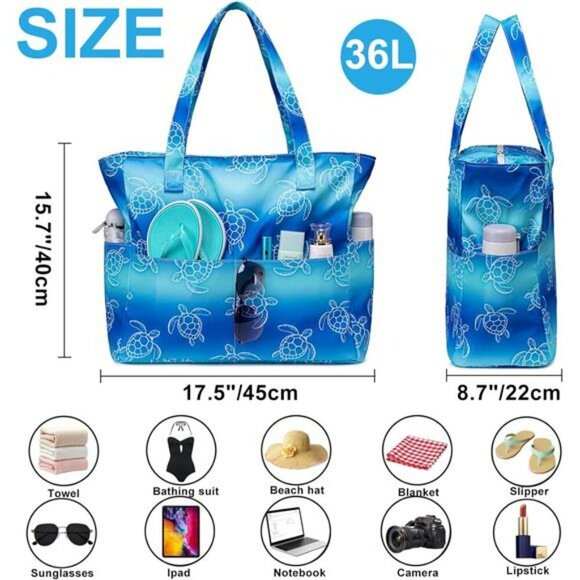 Waterproof Extra Large Beach Tote Bag with Wet Compartment Travel Gym Pool - Picture 2 of 7